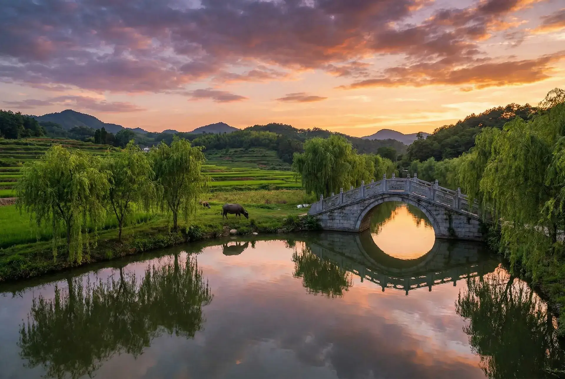 夕阳下的石拱桥与垂柳，水牛在河边吃草 - 99精品在免费线 乡村美景